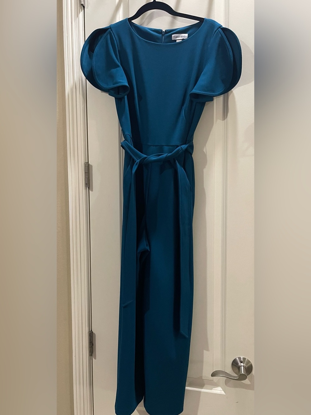 Calvin Klein Teal Jumpsuit with Puff Sleeves and Waist Tie